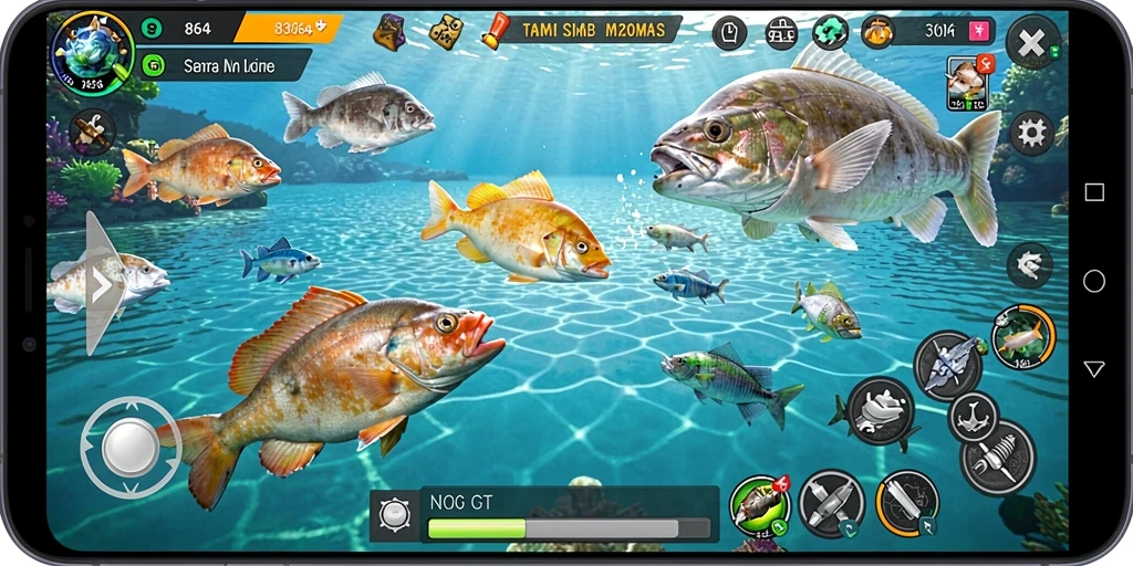 Tampilan gameplay seru dari 8364 dengan berbagai ikan yang menunggu untuk ditangkap.