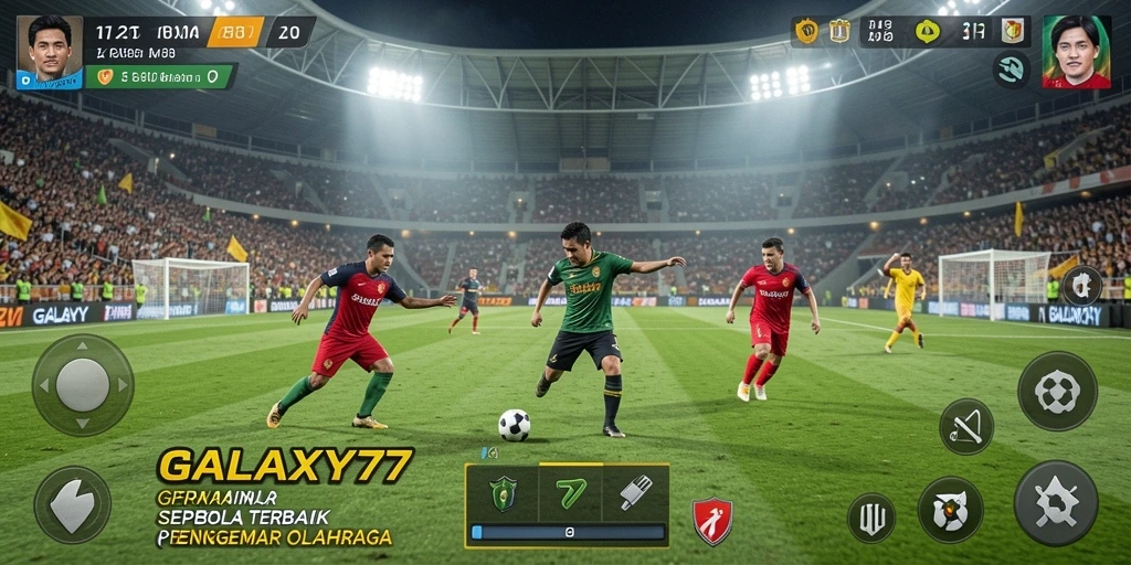 Tampilan gameplay seru dari GALAXY77 yang memperlihatkan aksi sepak bola.