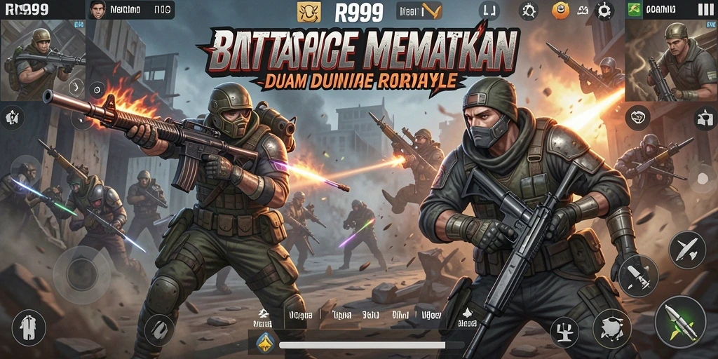 Screenshot utama RR999 menampilkan pertarungan seru dalam permainan Battle Royale.