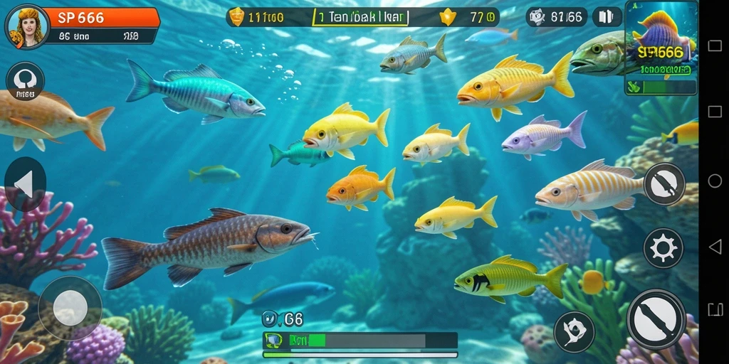 Screenshot gameplay menampilkan aksi seru dalam Tembak Ikan.